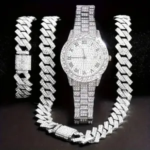 Men's Hip Hop Style Luxury Red Face Silver Plated CZ Watch & Iced Cuban Chain & Bracelet & Cross Necklace Gift Set