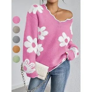 Women's flower patterned scallop edge off shoulder sweater, autumn and winter casual long sleeved V-neck jumper, fashionable women's knitted daily wear