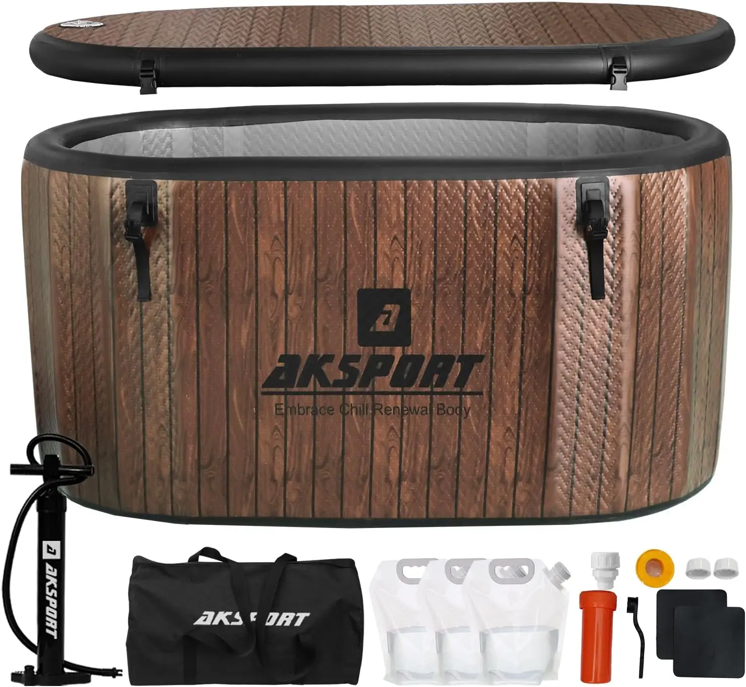AKSPORT Cold Plunge Tub, Oval Wood Grain Fiberglass & PVC Inflatable Ice Bath for Athletes, Chill-Compatible and Portable Multi-Size Design for Home Cold Therapy, Compatible With Chiller, Recovery