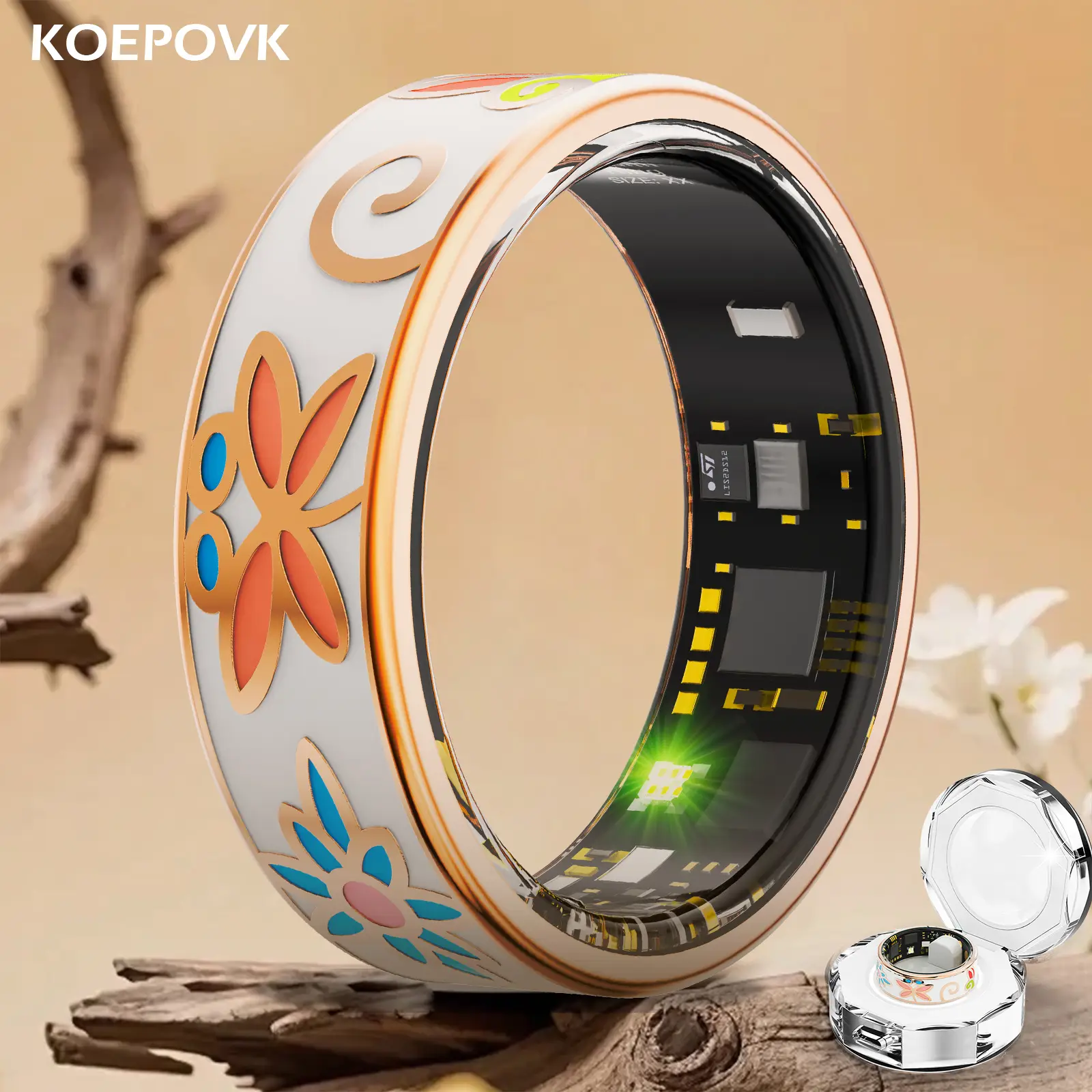 KOEPOVK Flora Enamel Smart Ring - Elegant Floral Design Sleep & Fitness Tracker with Heart Rate SpO₂ Blood Pressure Waterproof Durable Monitor for US