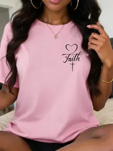 Faith Heart Cross Letter Print Womens Crew Neck Short Sleeve T Shirt Top Three Colors Available Minimalist Faith Style Loose Fit Soft Breathable Casual Versatile For Daily Commute Travel Essential Womenswear