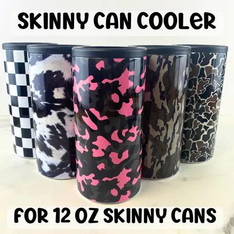 Patterned Skinny Can Cooler, Stainless Steel, Double Walled Insulated Can Holder, Fits Skinny 12 oz Cans, Drinkware