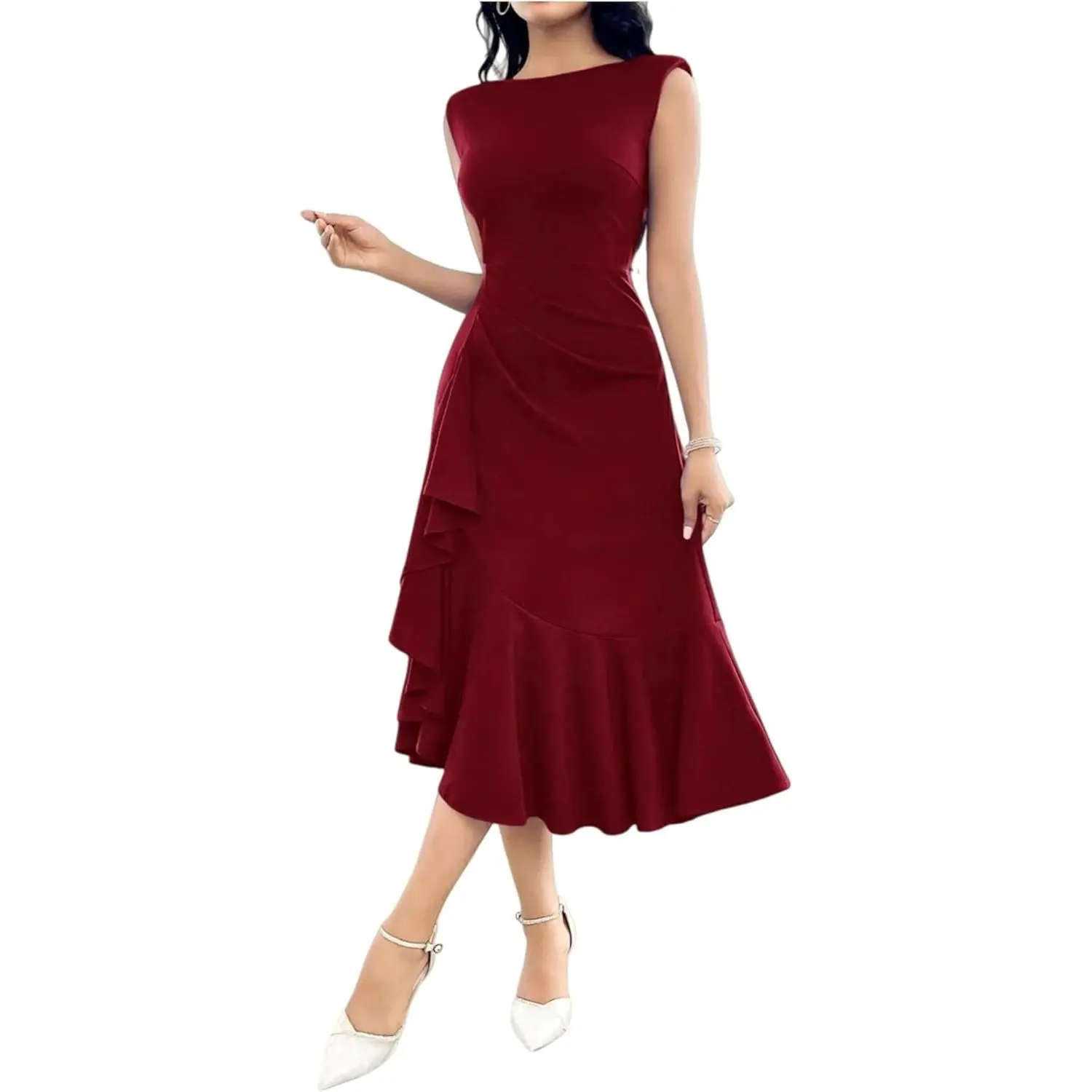 Women's Elegant Chic V-Neck Slim-Fit Sleeveless Formal Dress - Flowy Ruffle Move, Ruched Waist, High-Low Hem, Wedding Guest Dresses for Cocktail Events