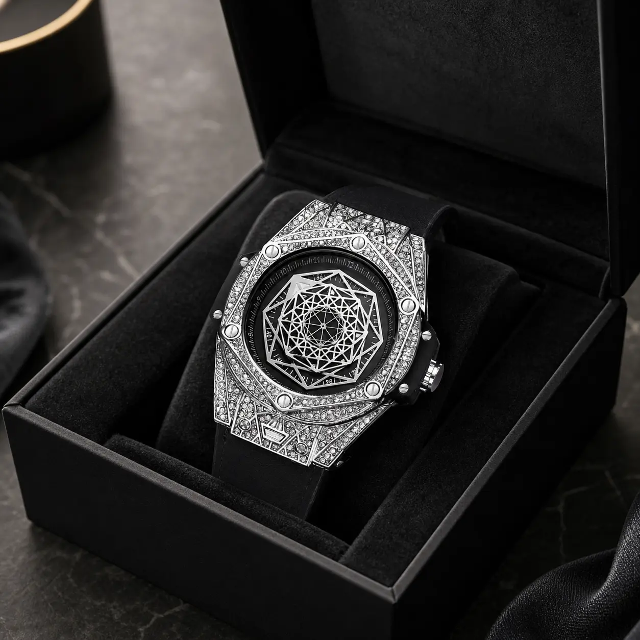 Men's Luxury Crystal-Embellished Geometric Quartz Fashion Watch, Durable Silicone Band, Water-Resistant Function for Sophisticated Trendsetters, Fashion Watches