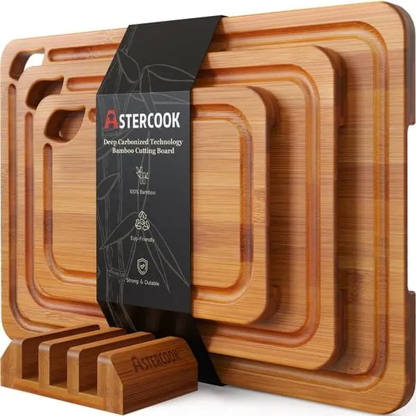Astercook 4-Pieces Wood Cutting Board, Bamboo Chopping Board for Kitchen with Holder, Cutting Boards Set with Juice Groove and Handles, Charcuterie Board for Chopping Meat, Vegetables and Fruits