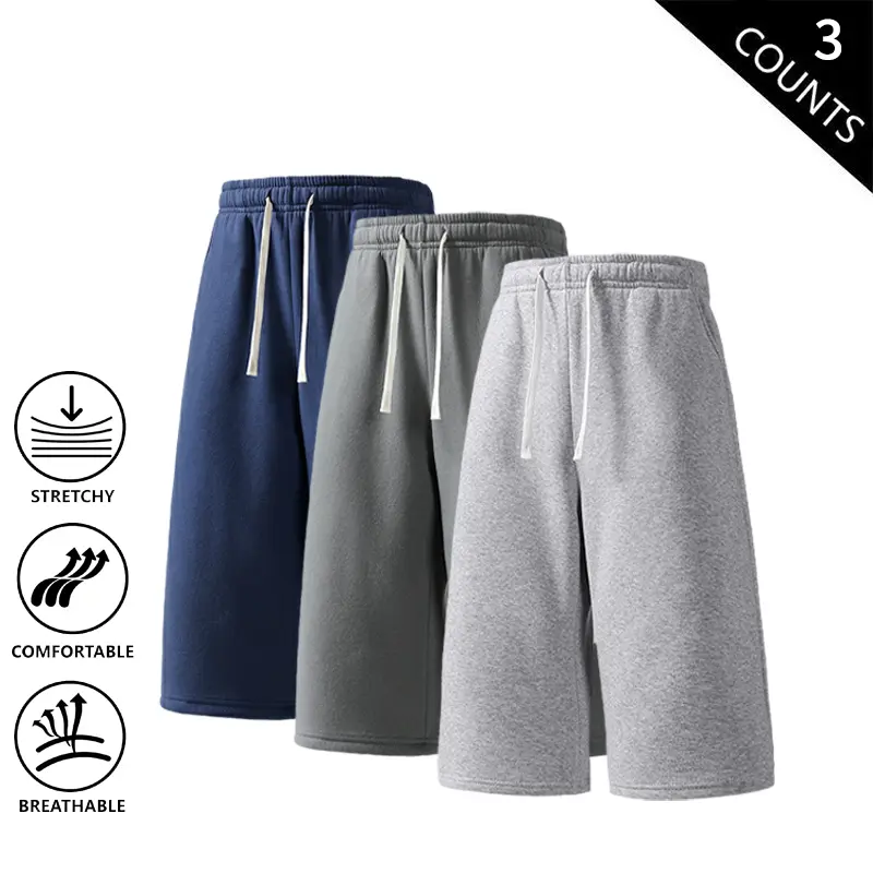 3-Pack Men’s Casual Knee-Length Sweat Shorts, Elastic Waist Drawstring Lounge Shorts, Breathable & Stretch Bermuda Shorts for Everyday Wear, Workouts, Streetwear