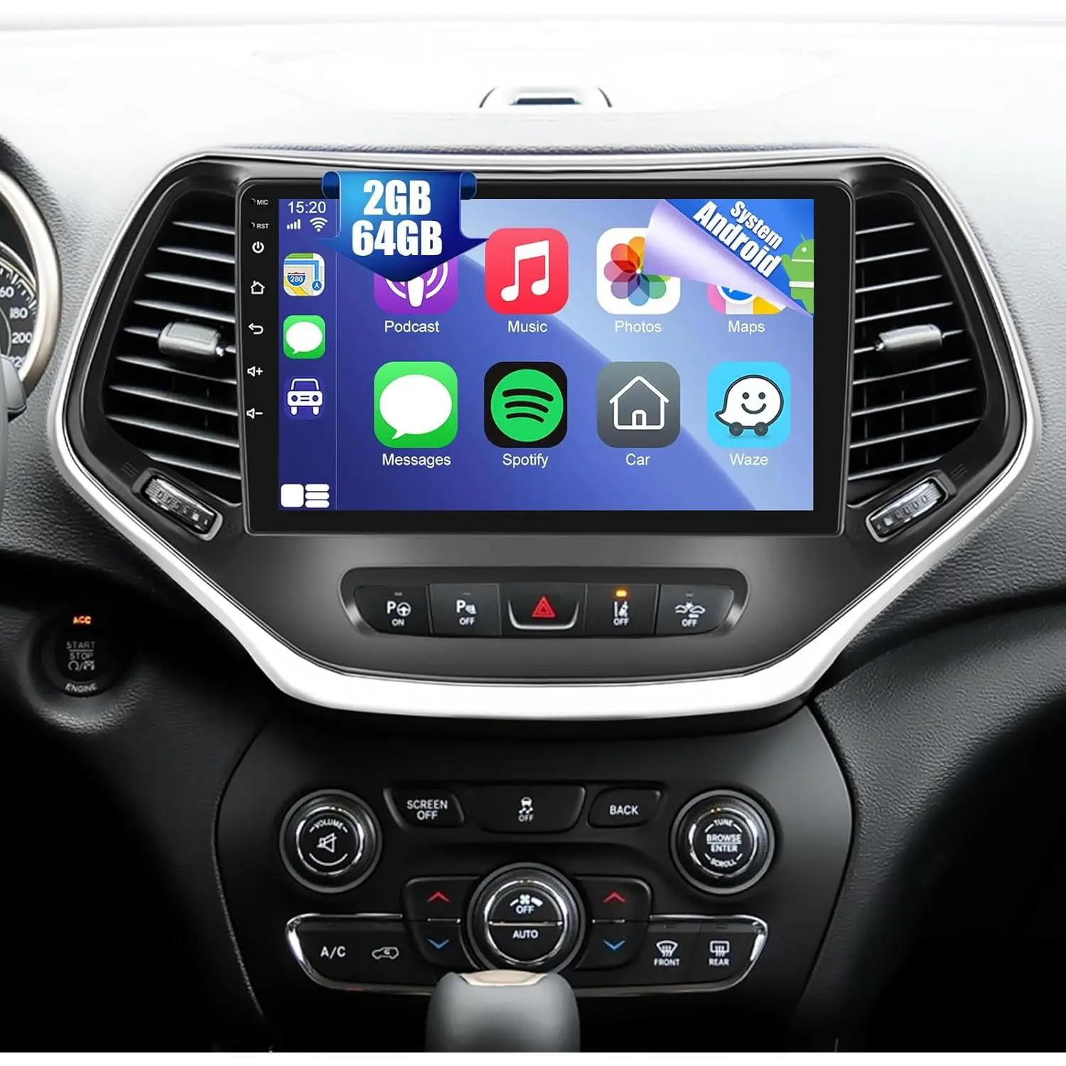 RIMOODY 10-Inch Double Din Android Car Radio for Jeep Cherokee 2013-2018, 2G+64G Capacitive Touchscreen Stereo with CarPlay/Android Auto, Bluetooth 5.0, EQ Audio, 1080P, SWC, WiFi, Rear Camera, Multitasking, Surround Panoramic, Father's Day Gift
