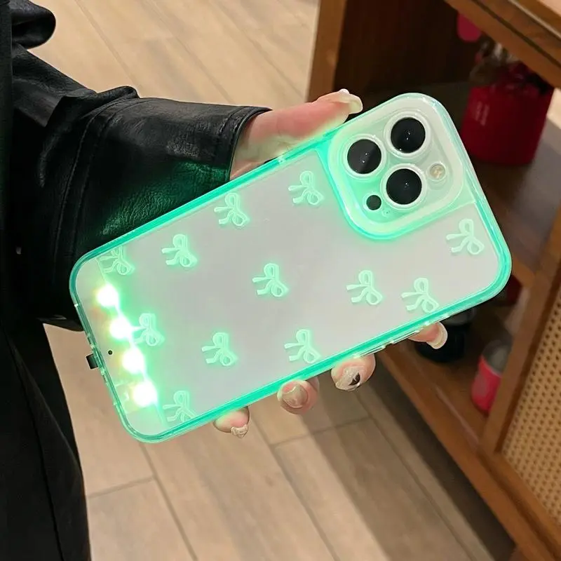 Vibrant LED Bowknot Smartphone Case - Lights-Equipped Handheld Protective Cover for iPhone 11/12/13/14/15/16/17 Pro/Pro Max/Plus, Unique Stylish Design for Daily Cellphone Devices Use
