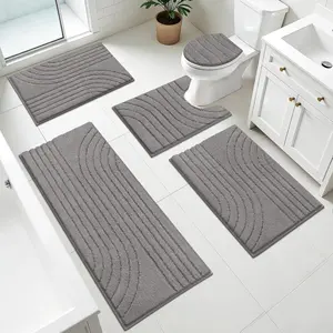 Pauwer Bathroom Rugs Sets 5 Piece, Plush Absorbent Microfiber Non Slip Bath Mat Set for Bathroom, Washable Runner with U Shaped Contour Toilet Rugs, Shower Mats and Toilet Lid Cover, Grey