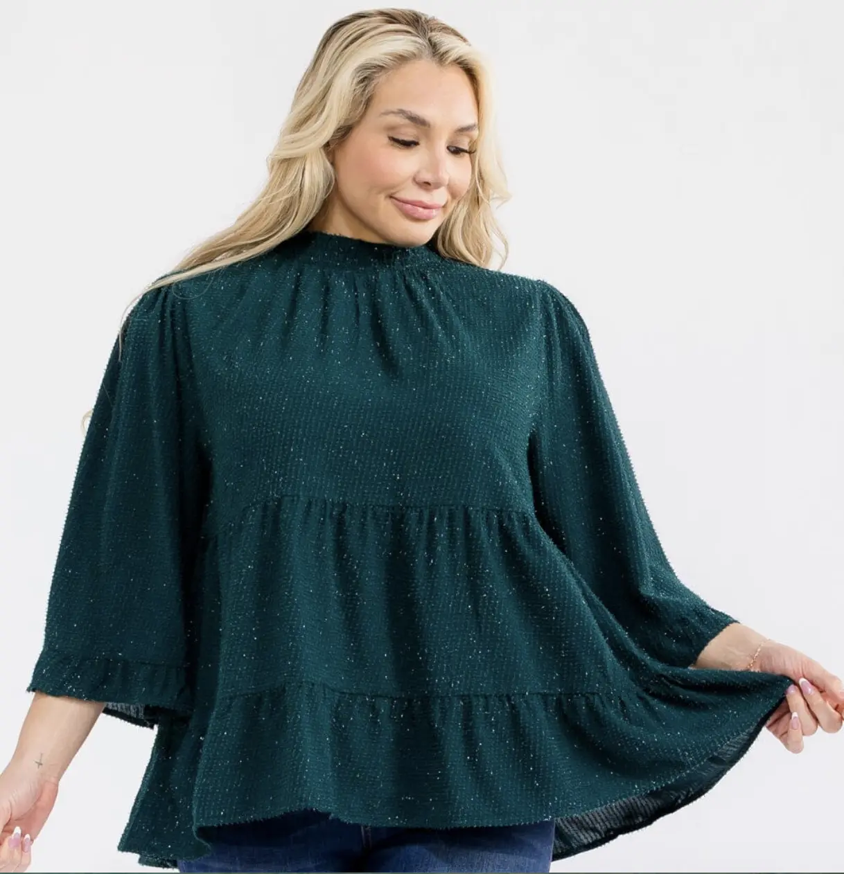 PLUS SIZE LONG SLEEVE MOCK NECK TIERED TUNIC SHIMMER BLOUSE