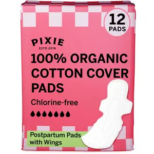 Pixie Organic Cotton Ultra Thin Postpartum Pads for Women - Extra Heavy Absorbency with Wings - Leak-Proof, Hypoallergenic & Unscented for Feminine Care - Compostable, Biodegradable - 12 Count