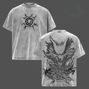 Naruto x Kurama - Naruto Anime Double Printed Vintage Washed Unisex Oversize Anime Manga Washed Heavyweight Cotton T-shirt, gifts For Anime Fan, Anime Lover