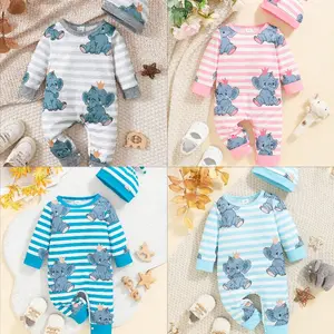 Ready Stock 0-18M Baby Boys/Girl Elephant Print Stripes Long Sleeve Romper with Hat 2Pcs Casual Clothes 224042910