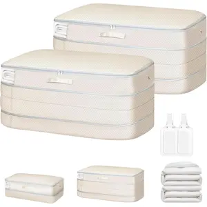 Comforter Storage Bag Large Capacity Bedding Storage Bags Ultra Space Saving Self Compression Organizer Washable Compression Bags for Comforter Blanket Duvet Pillow 2-Pack Beige