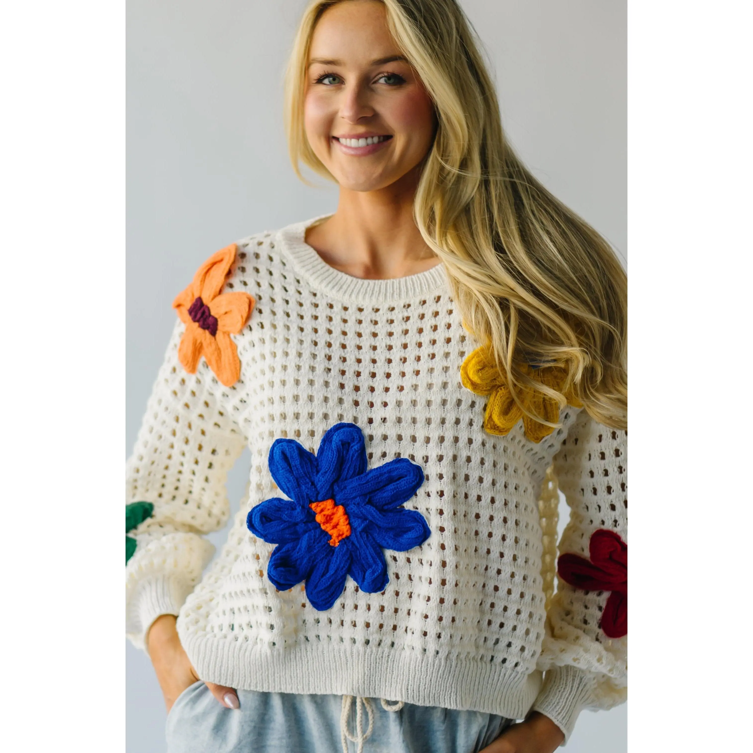 The Davila Large Floral Embroidered Sweater in Ivory