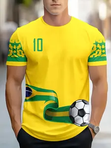 Men's Brazil No. 10 Soccer Jersey T-Shirt, Brazilian National Team Street Style Round Neck Top, Sporty Loose-Fit Geometric Pattern, Athletic Tops