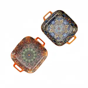 Bohemian Ceramic Salad Plates Set of 2, Dual Handle Baking Dish, Oven and Microwave Safe, Vibrant Floral Design, Ideal for Pasta, Square Tableware