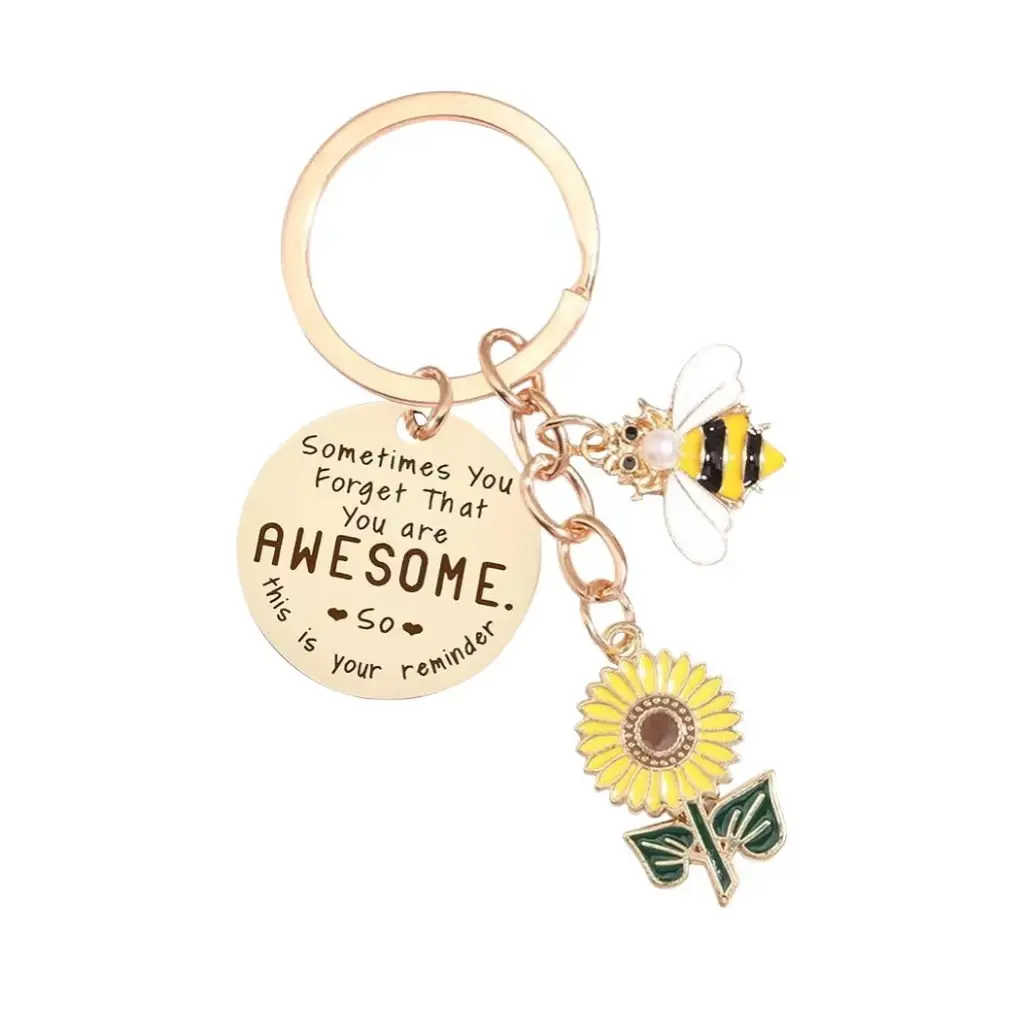 Stainless Steel Bee and Sunflower Keychain – A Gift for Women, Backpack Charm, Laser-Engraved Small Gift
