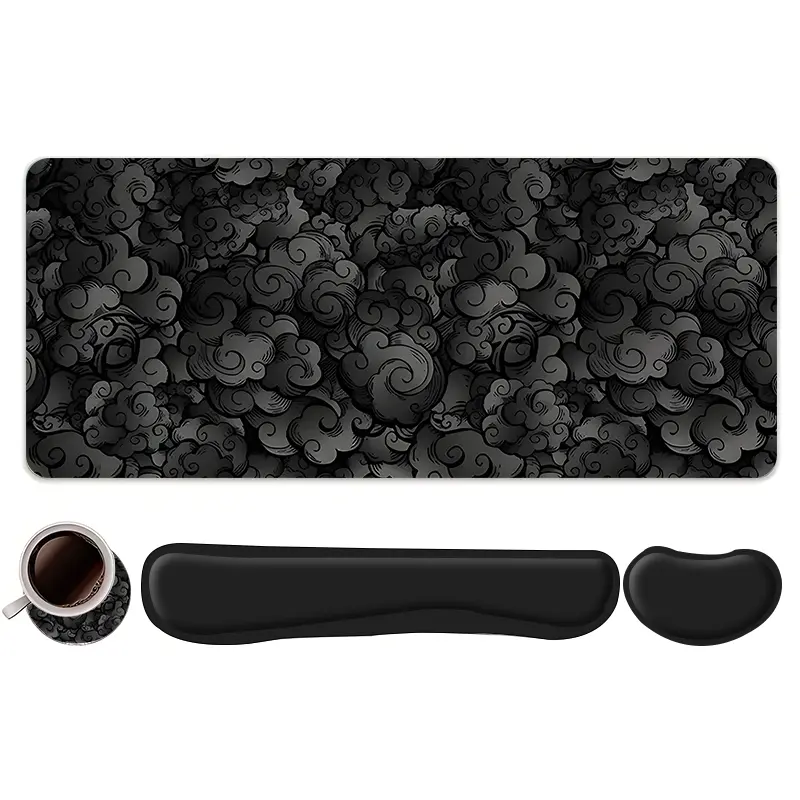 4pcs Gaming mouse pads, Black Cloud Pattern Design Mouse Pad, Keyboard Wrist Rest, Ergonomic Mouse Pad, Coaster Set, Mouse Pad With Wrist Rest For Desktop Decoration, Home Office Gaming, Non Slip Mousepad
