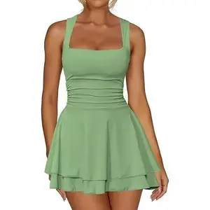 Women’s Square Neckline Pleated Hem Mini Dress – Casual Women’s Wear