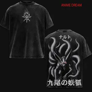 KuramaNaruto Anime Double Printed Vintage Washed Tee Unisex Oversize Anime Manga Washed Heavyweight Cotton T-shirt