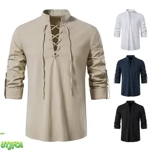 Men's Linen Lace-Up Henley Shirt, Long Sleeve Stand Collar Renaissance Pirate Tunic,reathable Short Sleeve Tropical Beach Top for Cosplay, Beach Vacation, Daily Wear and Historical Events Country Summer Shirt, Trendy Four Seasons Bestseller beach outfits
