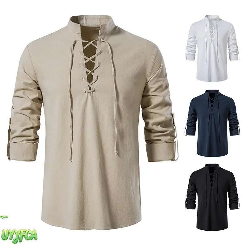 Men's Linen Lace-Up Henley Shirt, Long Sleeve Stand Collar Renaissance Pirate Tunic,reathable Short Sleeve Tropical Beach Top for Cosplay, Beach Vacation, Daily Wear and Historical Events Country Summer Shirt, Trendy Four Seasons Bestseller beach outfits