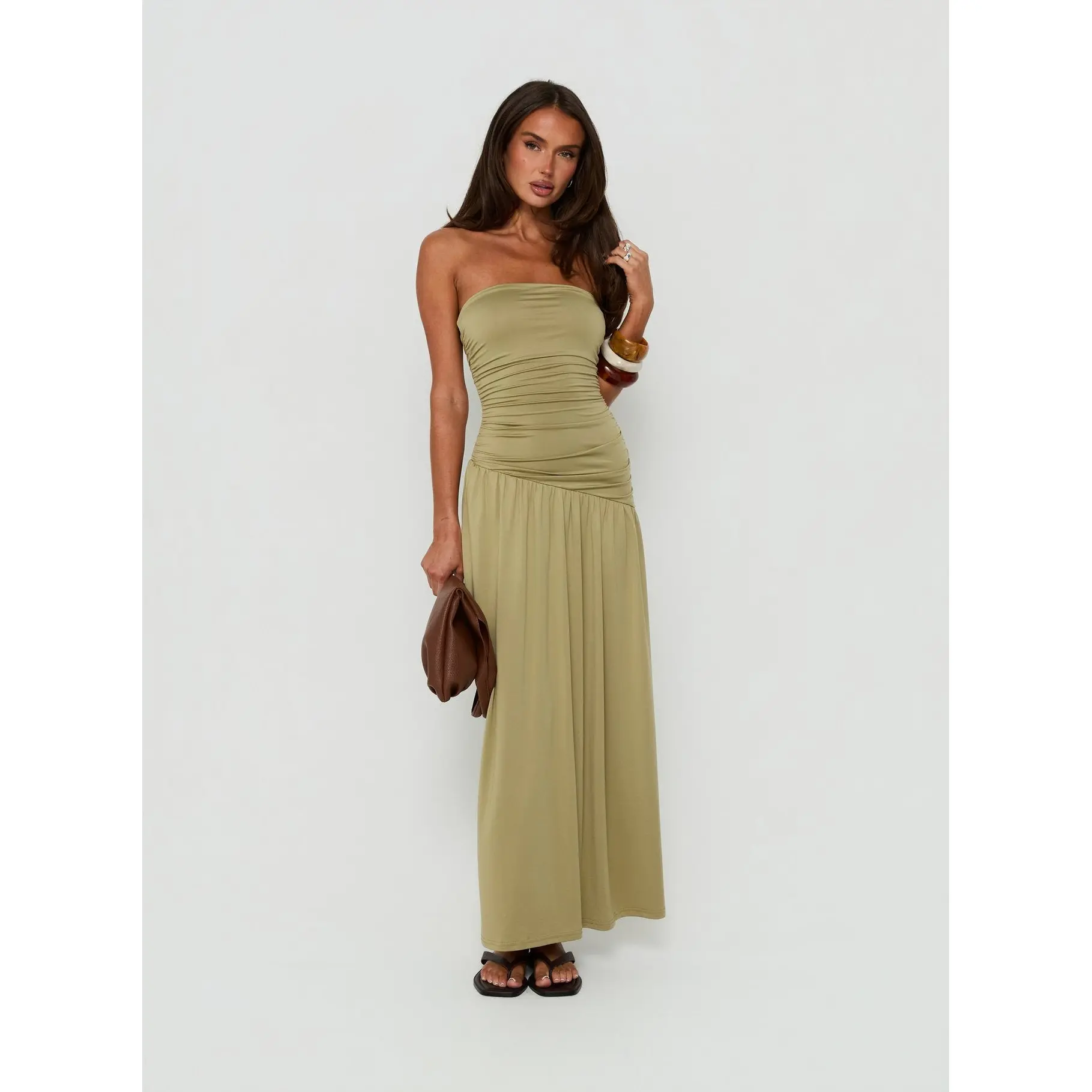 Isolina Strapless Ruched Maxi Dress Sage Green