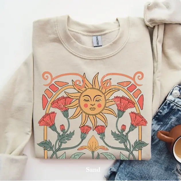 Boho Sun Floral Sweatshirt, Floral Sweater, Retro Minimalist Sweater, Flower Print Sweatshirt, Comfy Sweatshirt, Flower Sweatshirt, Gift For Her, Boho Sweatshirt, Winter Sweatshirt, Flower Sweatshirt