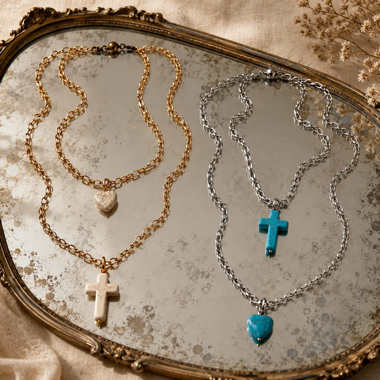Howlite Cross & Heart Dainty Necklace Howlite Cross & Heart Dainty Necklace