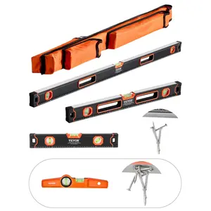 【DealsForYouDays】VEVOR 4-Piece Torpedo Level Set (10/16/24/48 in), Aluminum Alloy Tool with 3-in-1/3-Measurement Types (45/90/180 Degree), Fluorescent Light-Up Bubble Vials Ruler, Shock-Proof, 10-Inch Magnetic Level, ABS Material Included