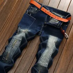 Men's Harajuku Fashion Blue Jeans Korean Style Casual Vintage Trousers with Hip-hop Distressed Holes Patchwork Midweight Denim
