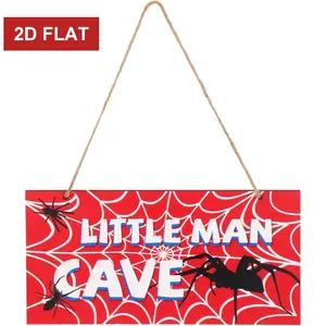 Spider Door Sign,3.93x7.87 inch  Red Wooden Spider Web Nursery Room Decor Little Man Cave Signs   Wall Art Room Decoration for Boys Men