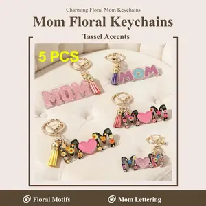 5 Pcs/Set Cute Fresh Floral MOM Tassel Keychain, Mother's Day Gift Pendant for Mother, mother's day decoration,party supplies for Mother's Gift Birthday