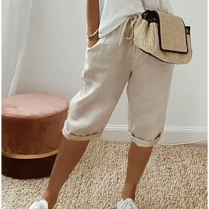 Cute Outfits Summer 2026 New Women's Cotton and Linen Pocket Elasticated Slacks Shorts