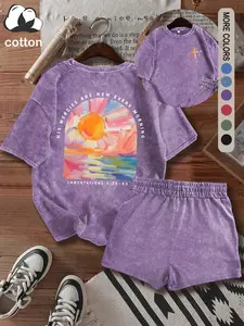 Christian scripture women's suit, sunrise seascape cross print pattern, cotton round neck outdoor sports, women's short-sleeved shorts washed distressed style casual two-piece suit, street Y2K women's clothing, Athleisure Wear Set