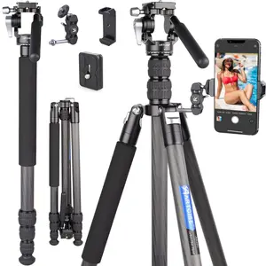 ARTCISE AS35C Carbon Fiber Tripod with Mini 2 Way Video Tripod Head 76.4inch/194cm Tall Lightweight Travel Camera Tripod Monopod with Accessory Threaded Hole Design Video DSLR Tripod Load Up to 33.1lbs/15kg