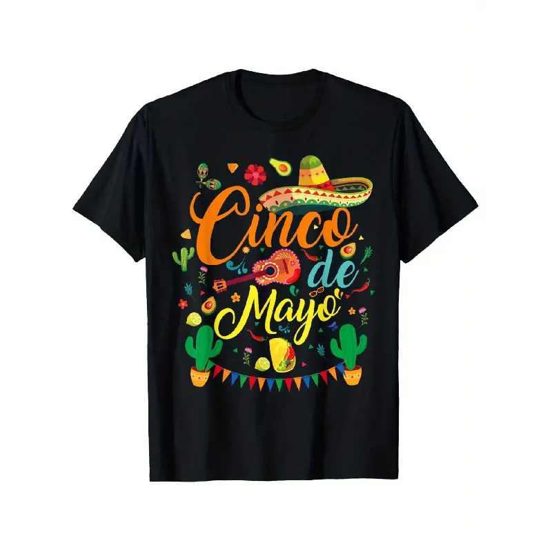 [5 De Mayo Graphic Tee] Menswear Oversized Vintage Cotton Black Round Neck Shortsleeve T-Shirt for Men Casual Streetwear