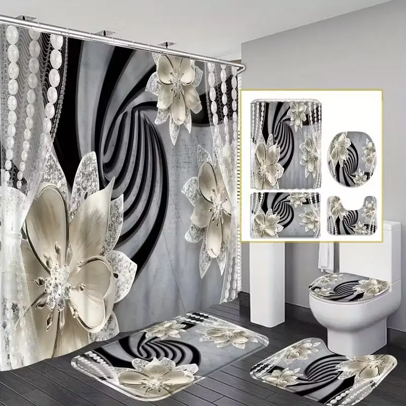 1/4pcs Diamond Flower Pattern Shower Curtain Set, Decorative shower curtain, Festive Design, Includes Non-Slip Mat, U-Shaped Rug, Toilet Seat Cover, Perfect for Bathroom Decor, Comes with 12 Shower Curtain Hooks