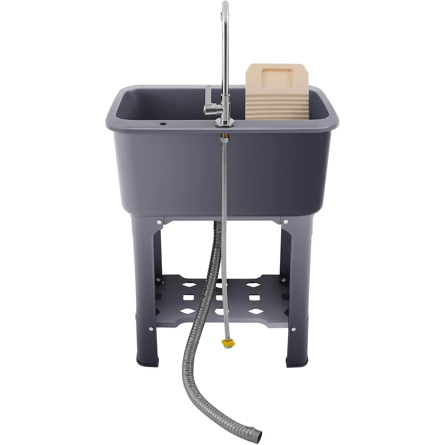 Freestanding Utility Sink with Faucet, Plastic Utility Sink, Heavy Duty Plastic Laundry Tub, Gray Laundry Room Sink with Storage Rack, Space Saving Utility Sinks