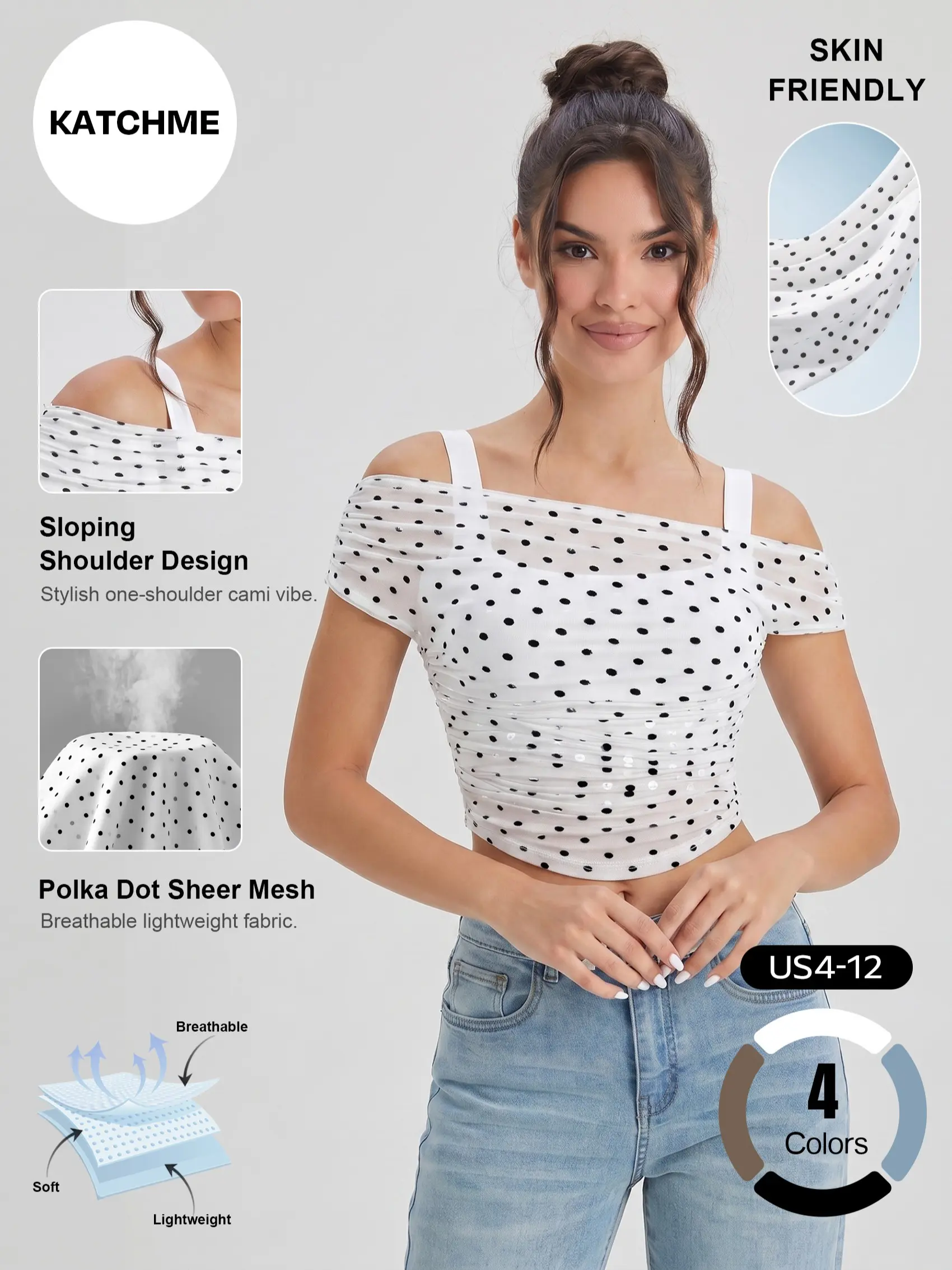 Katch Me Chic Women's Vibrant Polka Dot Sloping Shoulder Shirred Waist Crop Top, Romantic Lightweight Mesh Sheer Flattering Camisole, Summer Skin-Friendly Short Top for Party #TikTokMadeMeBuyIt #CroppedTop #QuickDry #PolkaDot