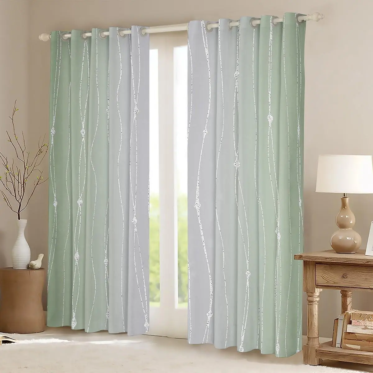 Sage Green and Grey Curtains & Drapes for Boys Men Watercolor Gradient Curtains for Bedroom,Geometric Abstract Blackout Drapes Wave Stripe Window Treatments