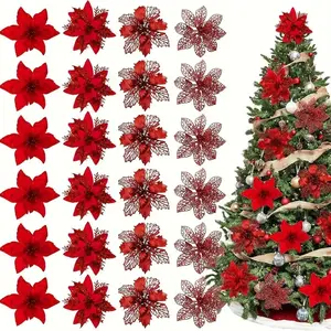 Sparkling Artificial Flowers with Clips, 24pcs Fabric Poinsettias for Christmas Tree & Wreath Decorations, Perfect for Holiday Ornaments, Decorative Flowers Ornaments
