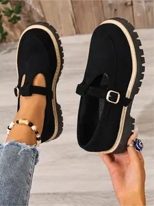 Ladies' Spring/Summer Fashion Retro Loafer Shoes/Leather Upper with Metal Buckle Decoration Thick Bottom High Water Platform Outdoor Casual/Lightweight Comfortable Soft Rubber Sole Anti-Slip Durable Commuting Flatform Shoes