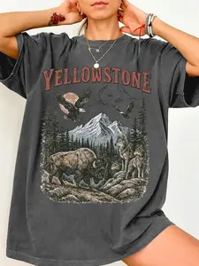 Women's Vintage Yellowstone National Park T-Shirt, Casual Loose Fit Western Style, Comfortable Wildlife Theme, All Seasons Wear, Animal Print