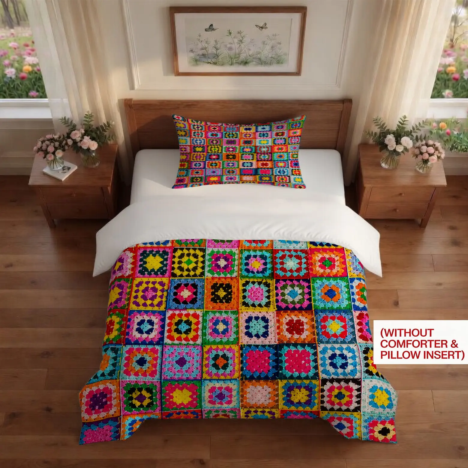 2/3pcs Bohemian Granny Square Crochet Print Duvet Cover Set, Vibrant Digital Print Patchwork Bedding Set (No Comforter & Pillow Insert), Stylish Bedroom Decor, Perfect Gift for Boho & Cottagecore Fans