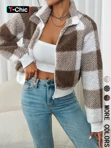 Women's Fall Winter Plaid Fleece Jacket Coat, Fitted Casual Long Sleeve Thick Fabric Outerwear, Ladies Fashionable Warm Clothing, Womenswear
