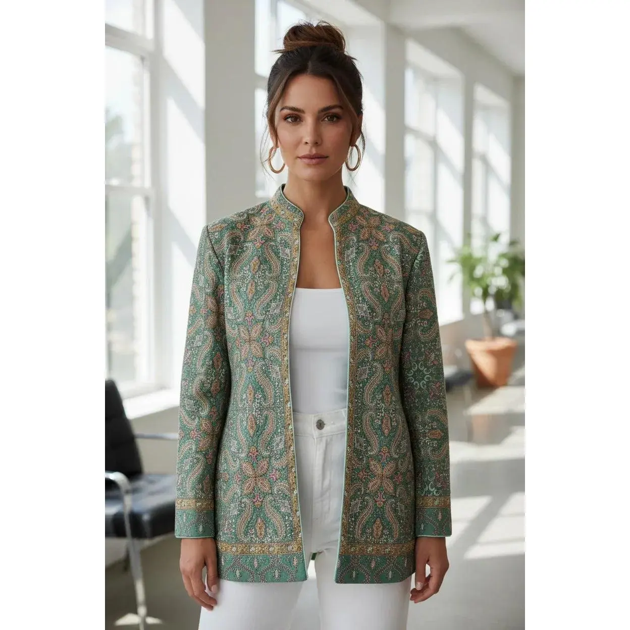 Sage Green Paisley Woolen Indo-Western Jacket for Women | Elegant Lightweight Winter Jacket – BeautySutra by Shikha