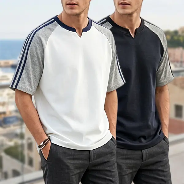 Men’s raglan sleeve color-block T-shirt with striped details—ideal for everyday outings