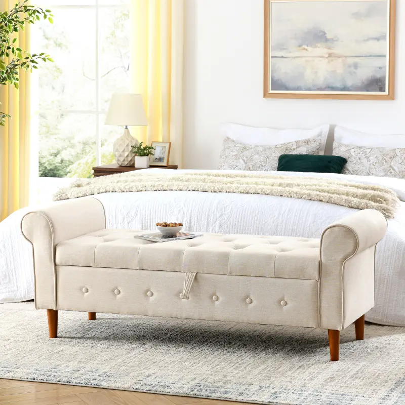62" Tufted Button Fabric Upholstered Storage Bench with Snap Hinges - Rolled Arm, Pine Frame, for Bedroom, Living Room - Beige Modern Ottoman Window Bench, Eucalyptus, Entryway Shoe Storage, 250 Lbs/Seat